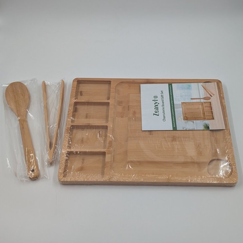 Bamboo Charcuterie Board Gift Set, Cheese Board, Tongs and Spoons 12" x 15.5"